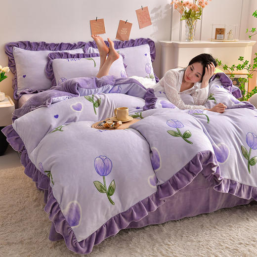 DD-新款冬季加厚牛奶绒四件套床裙款珊瑚绒花边双面被套床上用品 商品图3