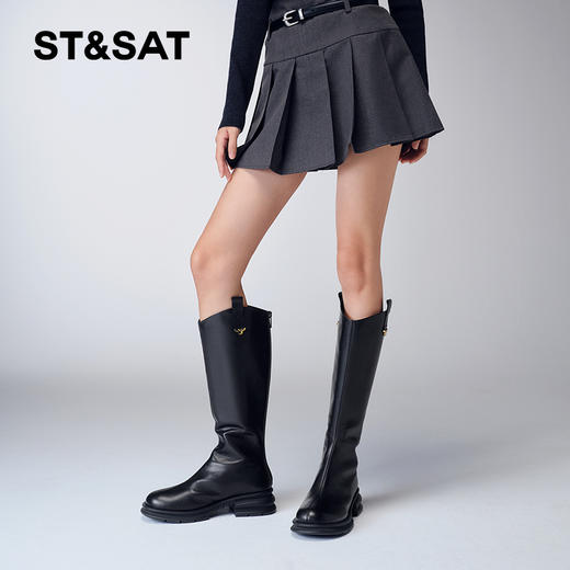 星期六金属饰扣经典简约长筒靴SS34117538 商品图1