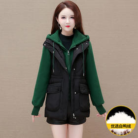 QYMAH-23A2017-L时尚洋气假两件拼接休闲保暖羽绒服23年冬款长袖连帽时髦鸭绒外套