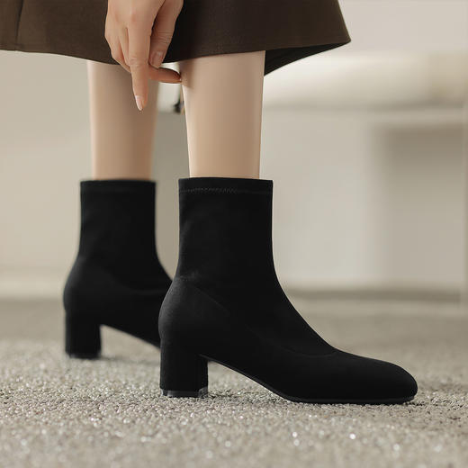 阿么手工女鞋2025新款显瘦弹力靴秋冬百搭粗跟5CM时尚高跟瘦瘦靴 商品图4