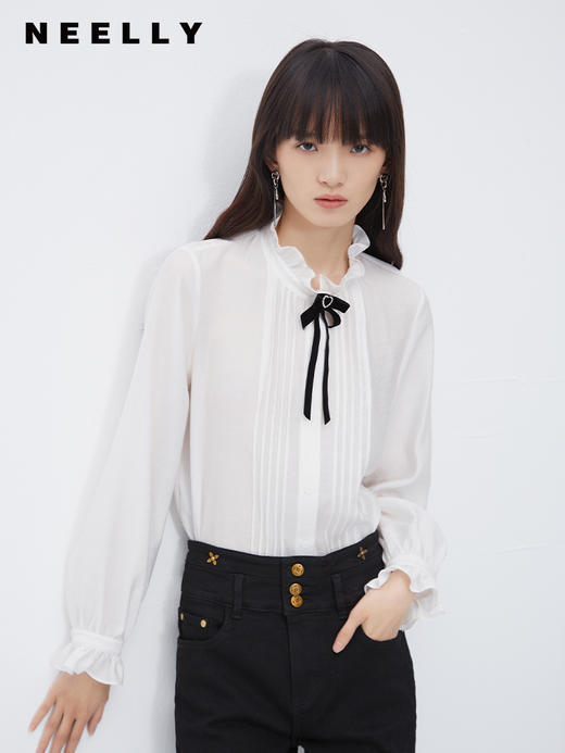 法式花边领白衬衫NEELLY纳俪商场同款高级感蝴蝶结长袖洋气雪纺衫N23103B01086 商品图2