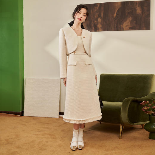 西遇法式小香风开衫套装裙2023秋冬新款短款外套通勤风流苏吊带裙V2132595/V2132594 商品图1