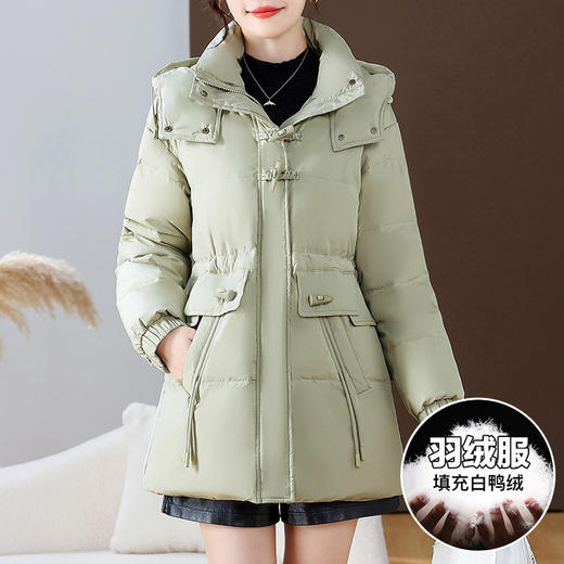 连帽厚款羽绒服，时尚新款拉链牛角扣中长款休闲羽绒服冬季保暖女装QYM-KED-338052-Y 商品图0