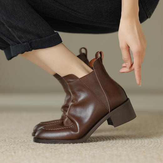阿么手工女鞋复古棕色粗跟真皮切尔西靴4.5CM秋冬百搭渐变短靴女 商品图2