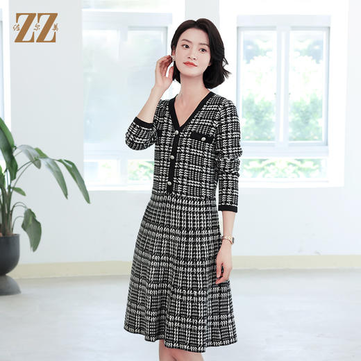 佐尔美秋冬新款 气质格子条纹羊毛连衣裙女E14ML11 商品图1