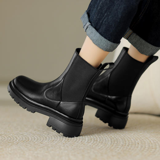 阿么手工女鞋圆头齿轮鞋一脚蹬短靴女5CM秋冬保暖切尔西靴英伦风 商品图4
