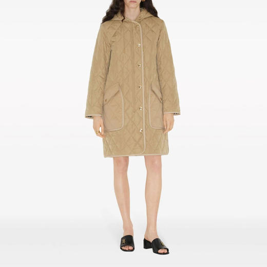 【一】BURBERRY 巴宝莉 女士尼龙帆布制成的连帽菱形绗缝外套棉服 卡其色 8072672 A7026 商品图1