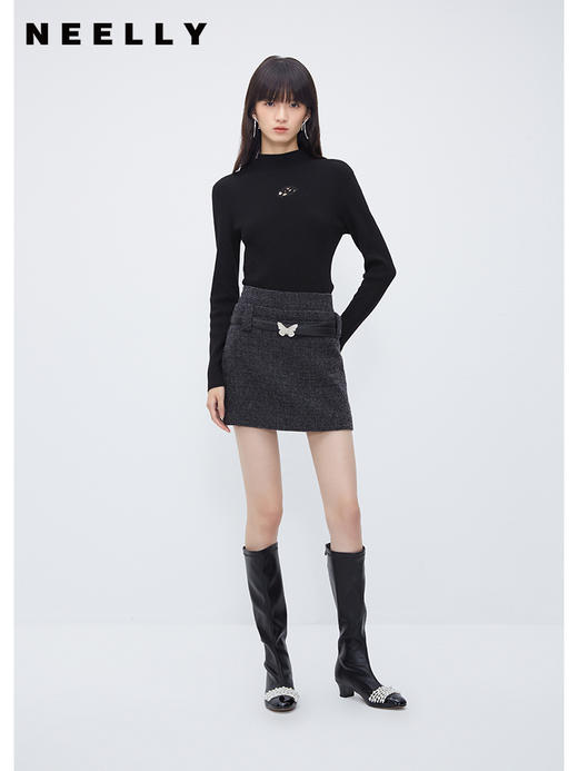 NEELLY纳俪商场同款高腰小香风A字裙 灰色高级感粗花呢短裙配腰带N23103E01100 商品图1
