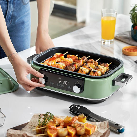 【小家电】摩飞电器（Morphyrichards）二代多功能料理锅火锅烤肉涮一体蒸煮炒煎大屏触控煮锅多用途电火锅MR9099 清新绿标配（深锅+牛扒盘+蒸格）HF 商品图5