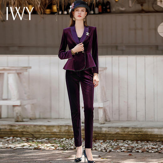 IWY/紫色秋冬丝绒西装套装女气质长袖工作服高级感职业装外套CP1900 商品图1