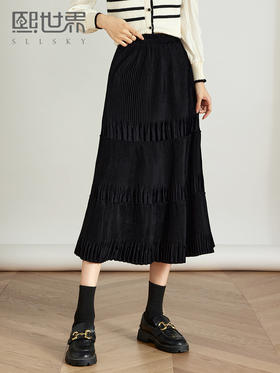 【年终特卖】熙世界复古黑丝绒半身裙女秋冬2025新款中长款A字百褶蛋糕裙长裙