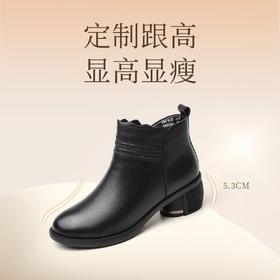 真皮粗跟短靴2023新款冬季女鞋中跟中年妈妈棉鞋软底加绒保暖皮鞋23M318-2Z