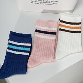 【2双装 6双6折】大童双针条纹中长筒无骨精梳棉袜吸汗透气防臭【2323202】