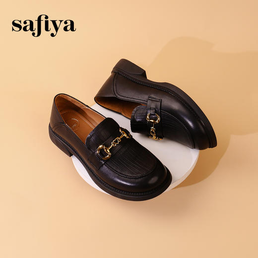 Safiya/索菲娅2023秋冬复古真皮低跟圆头金属扣英伦小皮鞋 SF33112451 商品图0