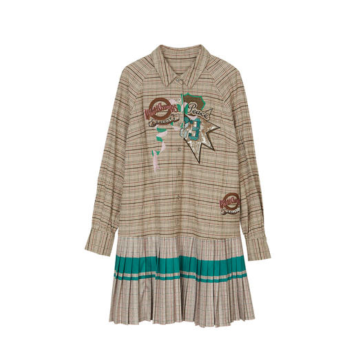 谜底A字型连衣裙长袖2023冬新品复古绣花格纹百褶中长裙234ML1584 商品图4