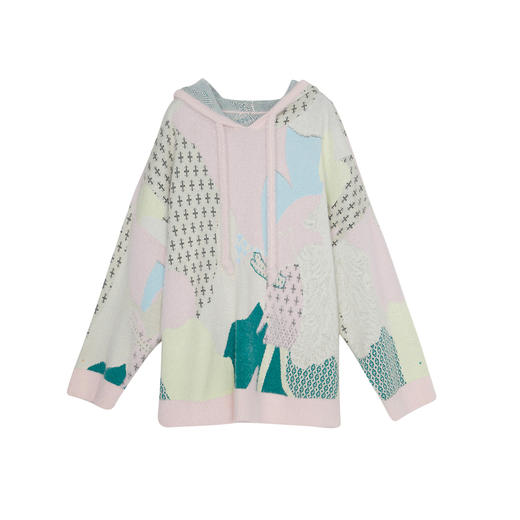 谜底中长款套头连帽针织衫女2023冬款复古原创提花毛衣234MZ1871 商品图4