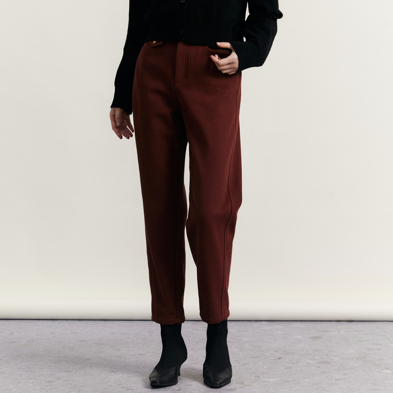 谜底磨毛休闲裤女2023冬款简约时尚高腰百搭直筒九分裤234MK1501