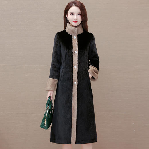 QYM-CR-YP2099-L长款加厚时尚保暖貂绒外套23年冬款长袖简约拼色修身洋气毛呢大衣 商品图0