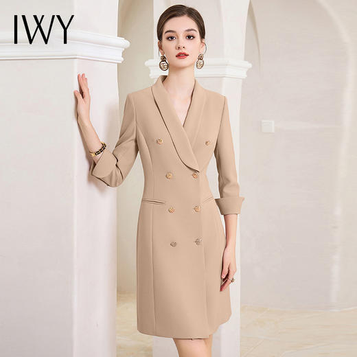 IWY/春秋卡其色西装连衣裙女气质双排扣复古职业套裙工作服Q991 商品图3