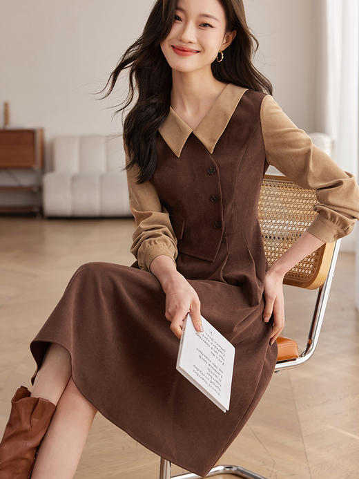 【专属特价】熙世界美拉德千金风假两件连衣裙女秋冬季高级感加厚磨绒收腰裙子 商品图5