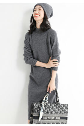 丁摩羊毛混纺新女士修身半高领纯色长款打底针织衫毛衣连衣裙AL M2-D001