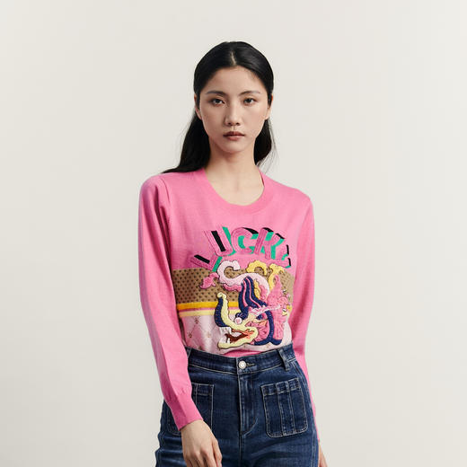 谜底套头针织衫女2023冬新品复古文艺绣花圆领百搭毛衣234MZ1876 商品图0