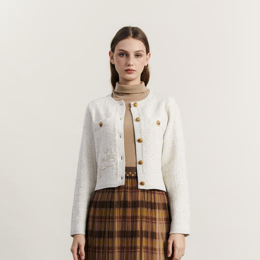 谜底小香风针织衫女2023冬新品时尚圆领单排扣针织开衫234MZ1856 商品图0