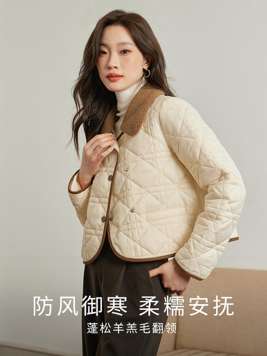 【年货节】熙世界小香风短款羽绒棉服女冬季新款轻薄羊羔毛翻领菱格棉衣外套 商品图2