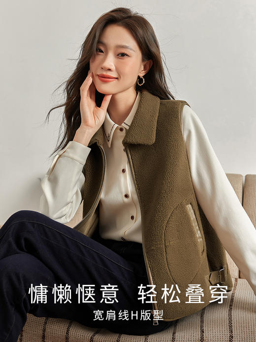 【年终特卖】熙世界麂皮绒羊羔毛马甲外套女秋冬新款加厚宽松洋气无袖翻领上衣 商品图1