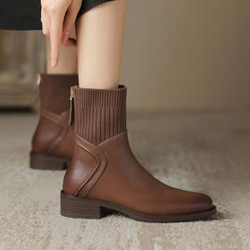 方头切尔西靴粗跟短靴，弹力针织袜靴高跟时装靴NJMK-K750