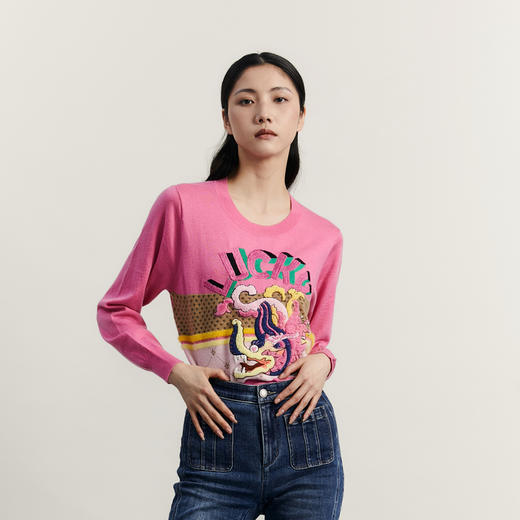 谜底套头针织衫女2023冬新品复古文艺绣花圆领百搭毛衣234MZ1876 商品图1