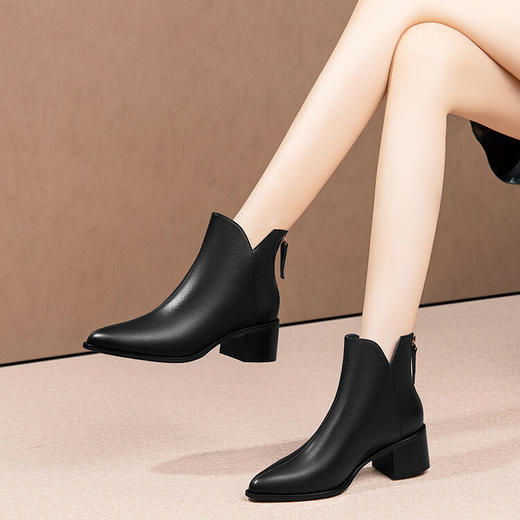 尖头粗跟短靴，气质后拉链软牛皮时装靴HY-H3263 商品图2