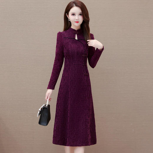 提花旗袍裙，中长款秋季妈妈装连衣裙时尚气质A字裙复古连衣裙QYM-HL-23F055 -Y 商品图0