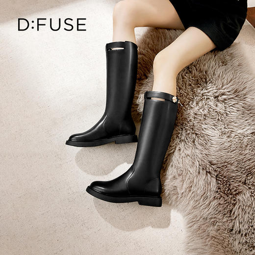 Dfuse迪芙斯冬季新款牛皮圆头法式珍珠骑士靴长靴DF34117021 商品图8