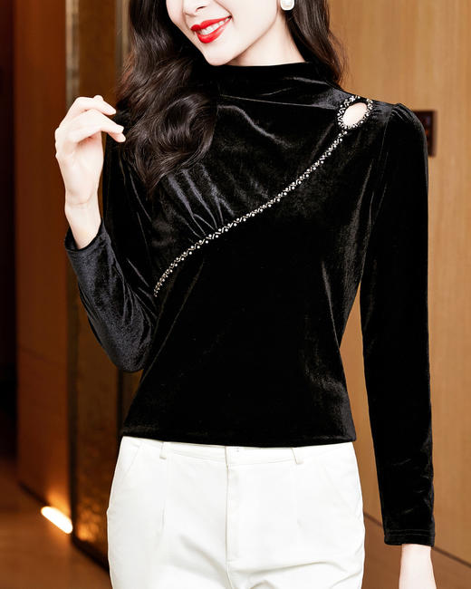 KQL-E37M2712气质百搭高领镂空钉珠丝绒长袖打底衫修身显瘦T恤女 商品图1