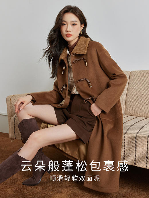 【年终特卖】熙世界100%初剪羊毛双面呢大衣2025冬装中长款牛角扣羊绒毛呢外套 商品图3