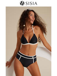sisia2023新款泳衣女性感深v高腰黑白撞色显瘦泡温泉比基尼bikini
