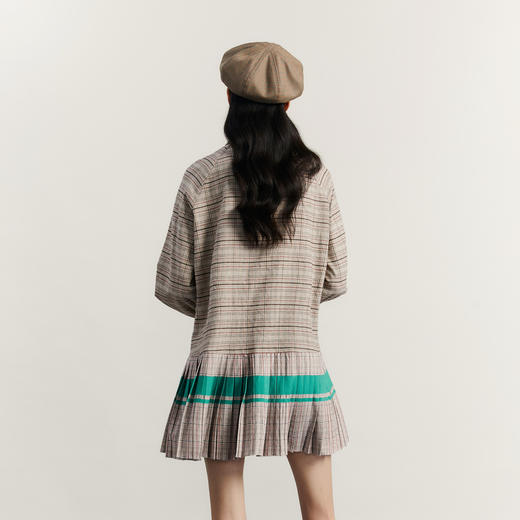 谜底A字型连衣裙长袖2023冬新品复古绣花格纹百褶中长裙234ML1584 商品图2