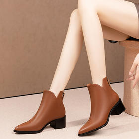 尖头粗跟短靴，气质后拉链软牛皮时装靴HY-H3263