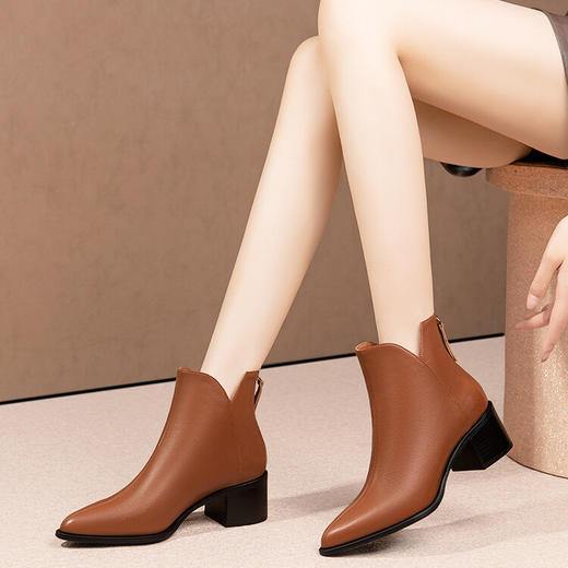 尖头粗跟短靴，气质后拉链软牛皮时装靴HY-H3263 商品图0