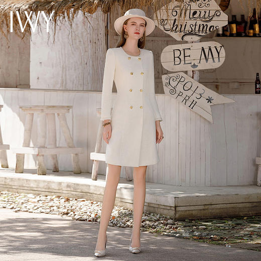 IWY/白色编织法式洋装气质名媛长袖春季职业长裙名媛职业正装Q1023 商品图1