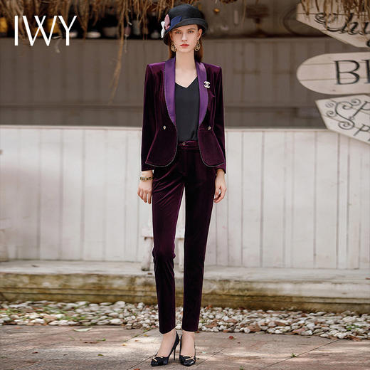IWY/紫色秋冬丝绒西装套装女气质长袖工作服高级感职业装外套CP1900 商品图0