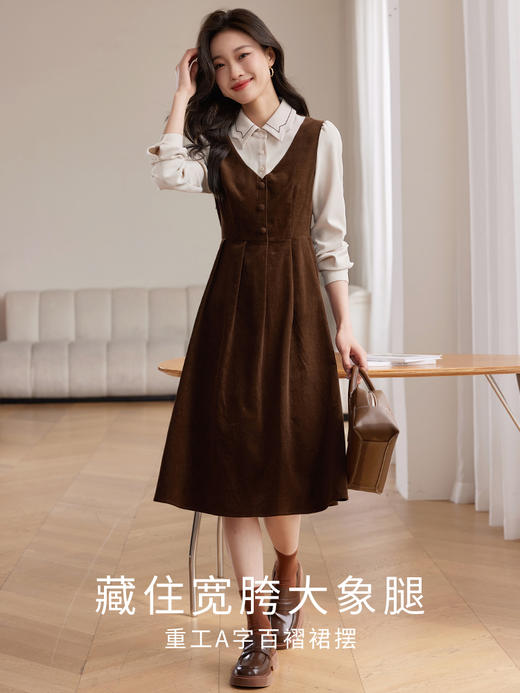 【专属特价】熙世界学院风假两件衬衫领灯芯绒磨毛背带裙连衣裙女2025秋冬新款 商品图2
