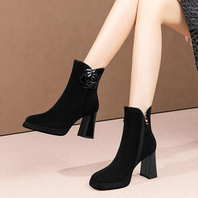 英伦风翻皮粗跟短靴，方头马丁靴后拉链单靴机车靴HY-H3236