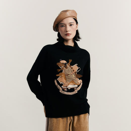 谜底高领针织衫女2023冬新品复古文艺绣花套头宽松毛衣234MZ1877 商品图0