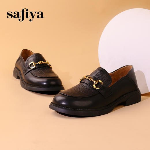 Safiya/索菲娅2023秋冬复古真皮低跟圆头金属扣英伦小皮鞋 SF33112451 商品图3