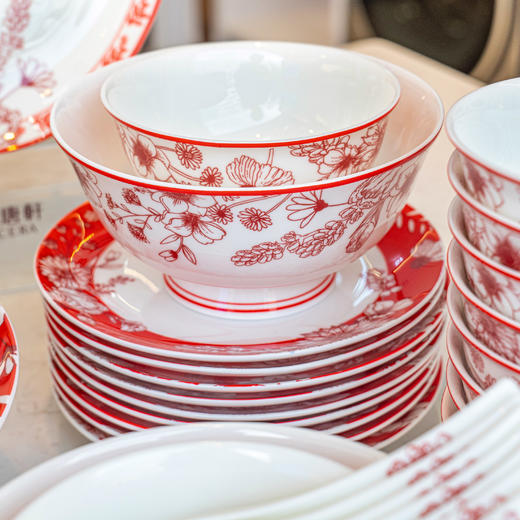 【餐具清仓特惠4折】品物攸宜唐山骨瓷锦绣前程中式碗碟 家用红色高级感餐具礼盒装 商品图2