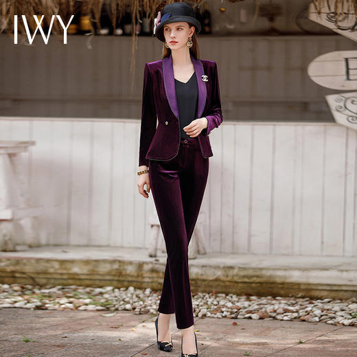 IWY/紫色秋冬丝绒西装套装女气质长袖工作服高级感职业装外套CP1900 商品图4