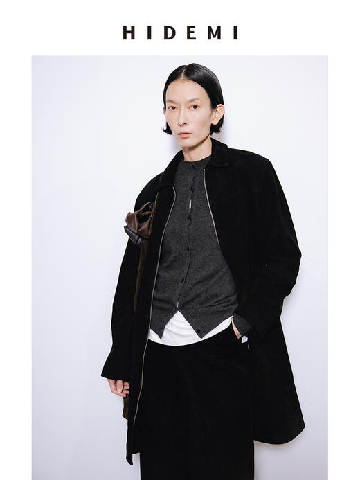 HIDEMI 麂皮极简拉链廓形口袋式中长款皮衣大衣套装 外套/中短裤 商品图7