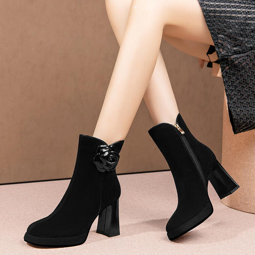 英伦风翻皮粗跟短靴，方头马丁靴后拉链单靴机车靴HY-H3236 商品图4